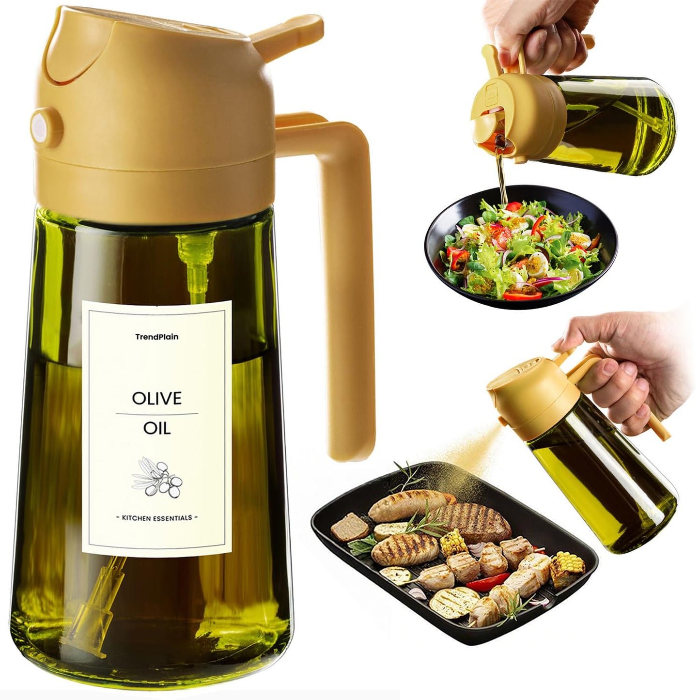 TrendPlain Butelka z dozownikiem oliwy z oliwek do kuchni, dozownik oleju 2 w 1 i rozpylacz oleju do gotowania, frytownicy powietrznej, sałatki, bez BPA, 470 ml (Czarny-1)