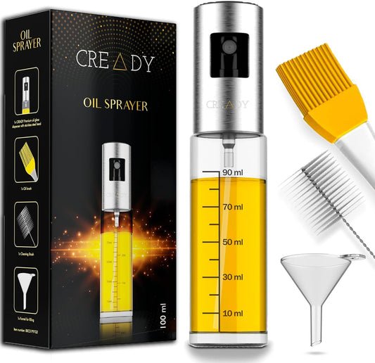 CREADY® | Spray, olej, pojemnik ze stali nierdzewnej 100 ml | Dozownik oleju w sprayu | Dozownik oleju w sprayu do frytkownic powietrznych | Olej w sprayu | Spryskiwacz na olej | Dozownik oleju