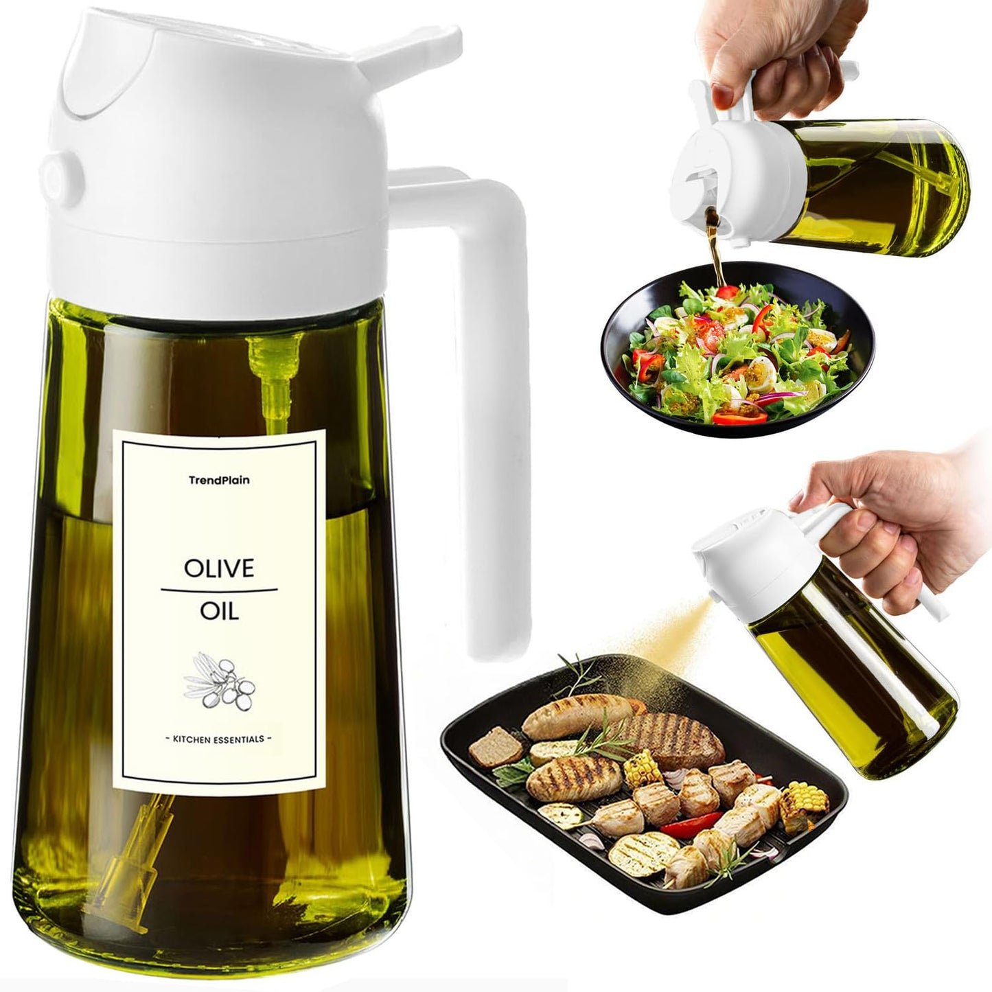 TrendPlain Butelka z dozownikiem oliwy z oliwek do kuchni, dozownik oleju 2 w 1 i rozpylacz oleju do gotowania, frytownicy powietrznej, sałatki, bez BPA, 470 ml (Czarny-1)