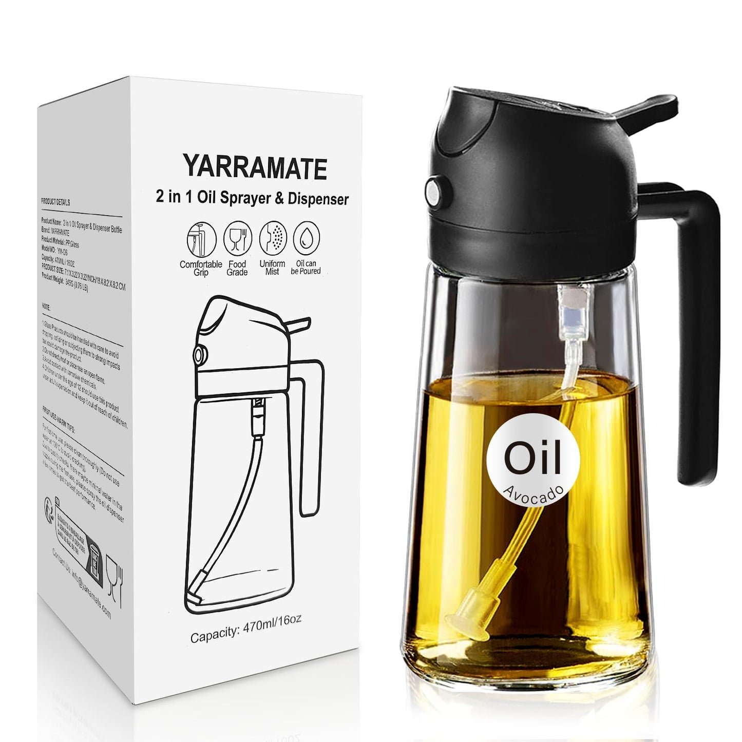 YARRAMATE 2 w 1 rozpylacz oleju jadalnego, butelka z rozpylaczem 470 ml, nadaje się do kontaktu z żywnością, spray na olej do gotowania, wysokiej jakości oleju do kuchni(biały)