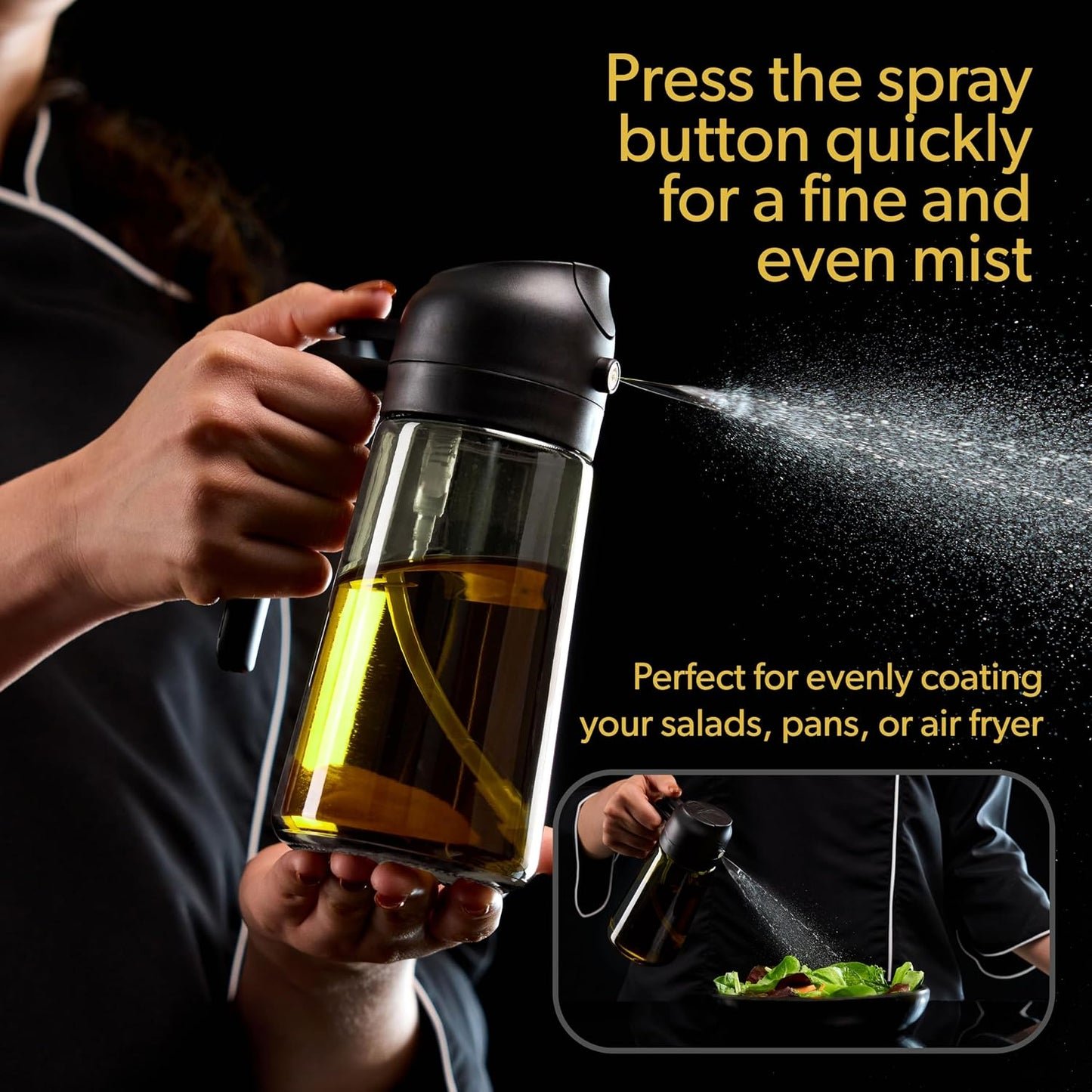 CREADY Czarny Spray Oleju Kuchennego 470ml | Dozownik Oleju Spray 2 w 1 | Frytownica Powietrza Spray Oleju | Spray do olejów | Spray do spryskiwacza | Spray do oleju | Dozownik oleju