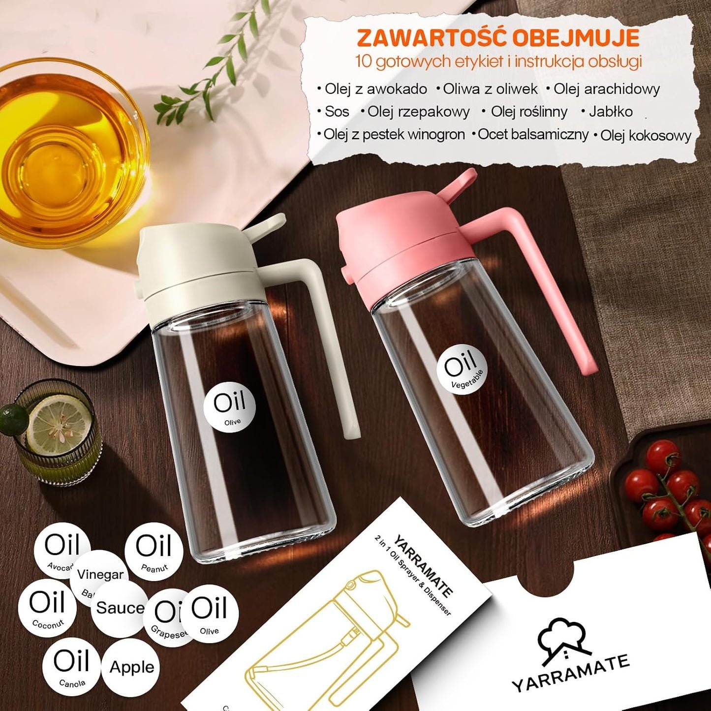 YARRAMATE 2 w 1 rozpylacz oleju jadalnego, butelka z rozpylaczem 470 ml, nadaje się do kontaktu z żywnością, spray na olej do gotowania, wysokiej jakości oleju do kuchni(biały)